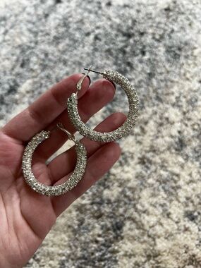 Sparkling Crystal Pave Hoop Earrings - Silver